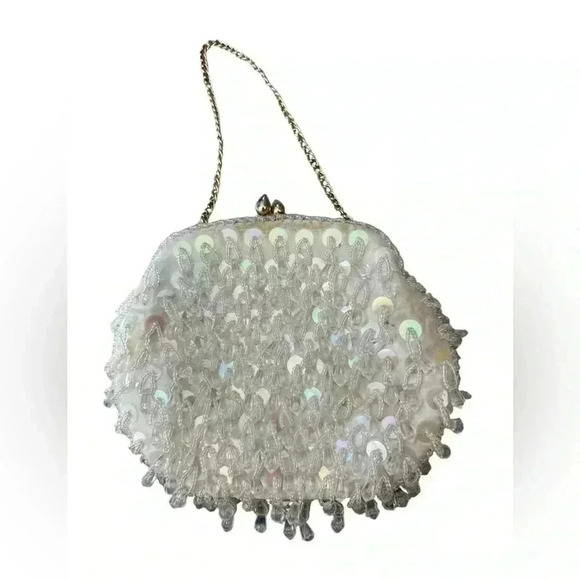 Vtg PURSE Hand Made Hong Kong WHITE Sequin & Beaded W/ Gold Tuck In Chain Handle - Picture 4 of 6